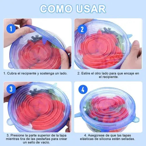 Seis Tapas Elásticas Silicona Reutilizable x2 (Pack 12 Unidades)